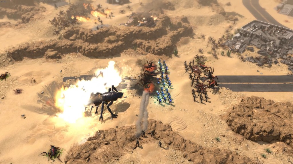 Starship Troopers: Terran Command screenshot of soldiers firing at bugs