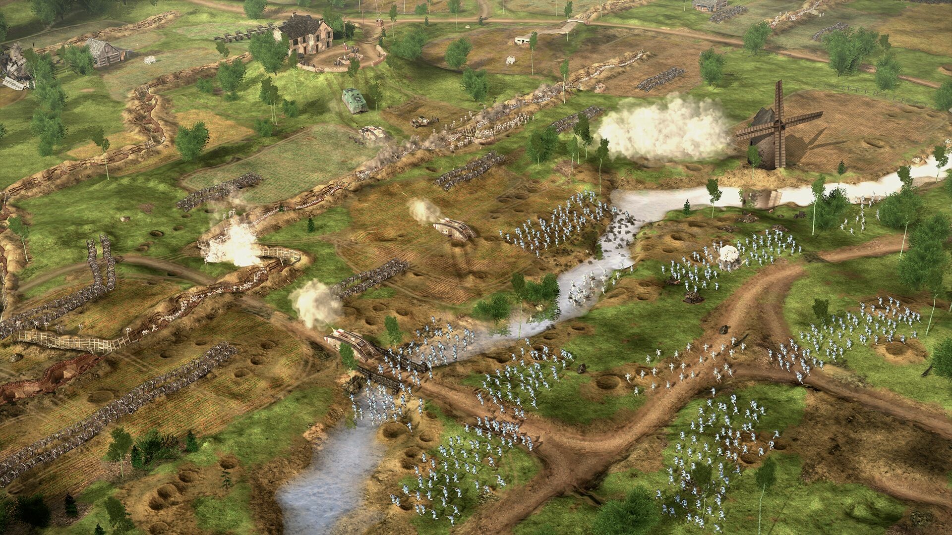 The Great War: Western Front screenshot showing soldiers and tanks attacking no mans land in world war 1