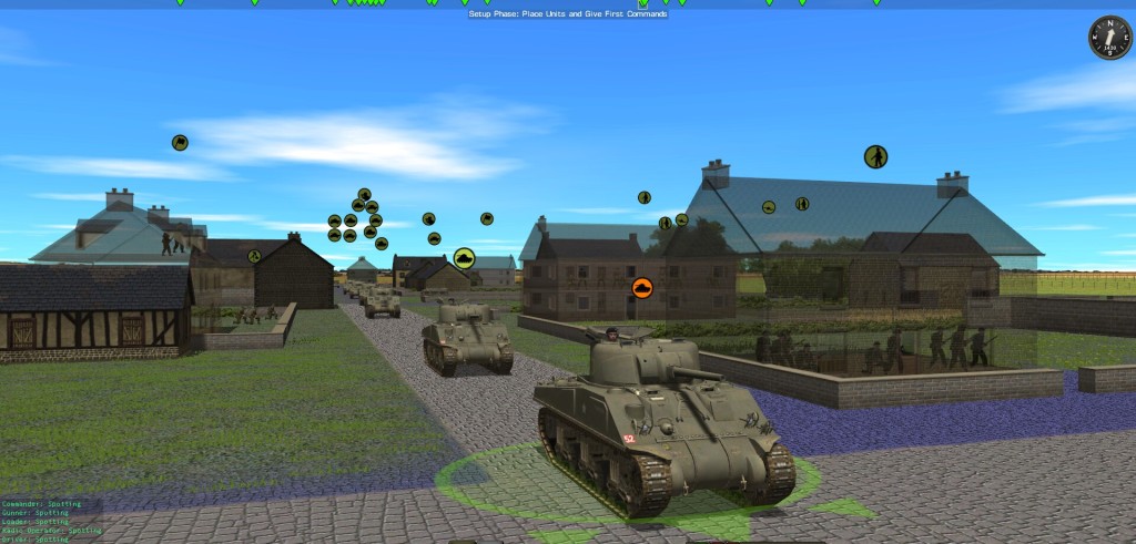 Combat Mission Battle For Normandy screenshot showing american forces on a road in a french village