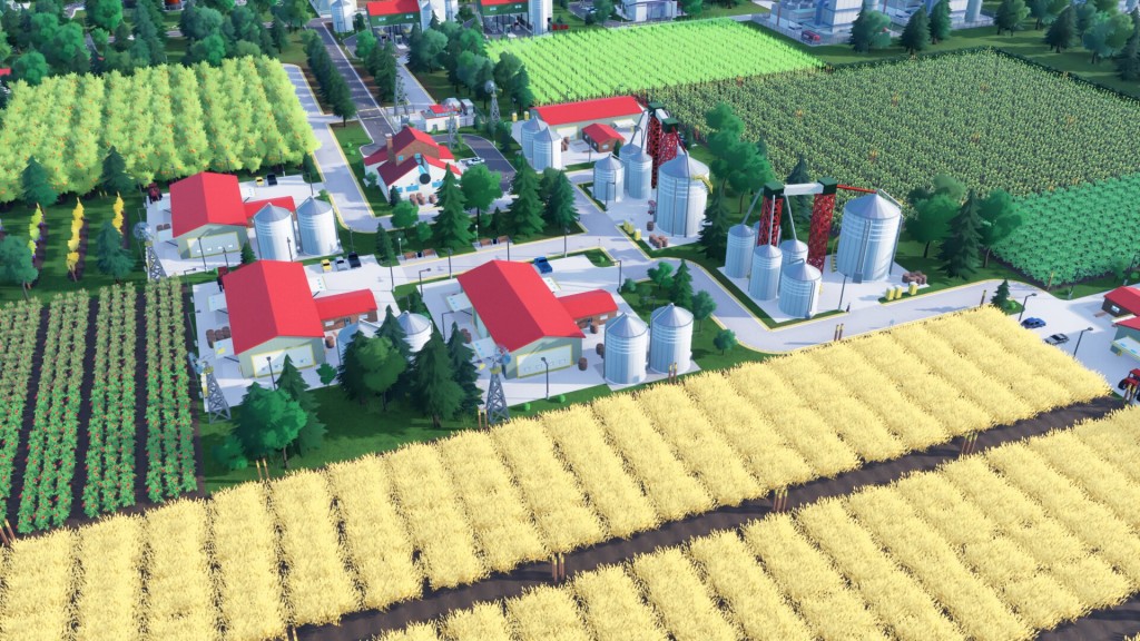 Screenshot of Rise of Industry 2 showing several farms with various corps