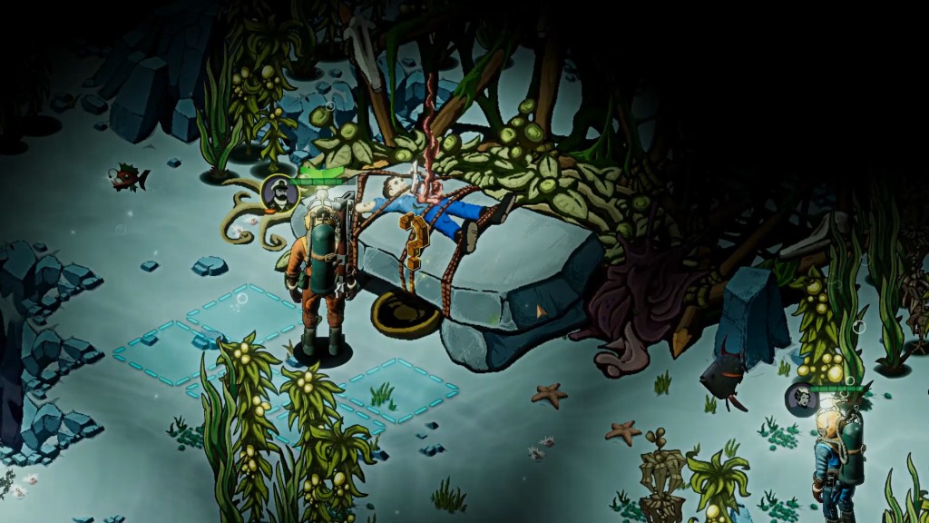 A screenshot of a videogame called Stirring Abyss with a diver looking at a person on a stone slab