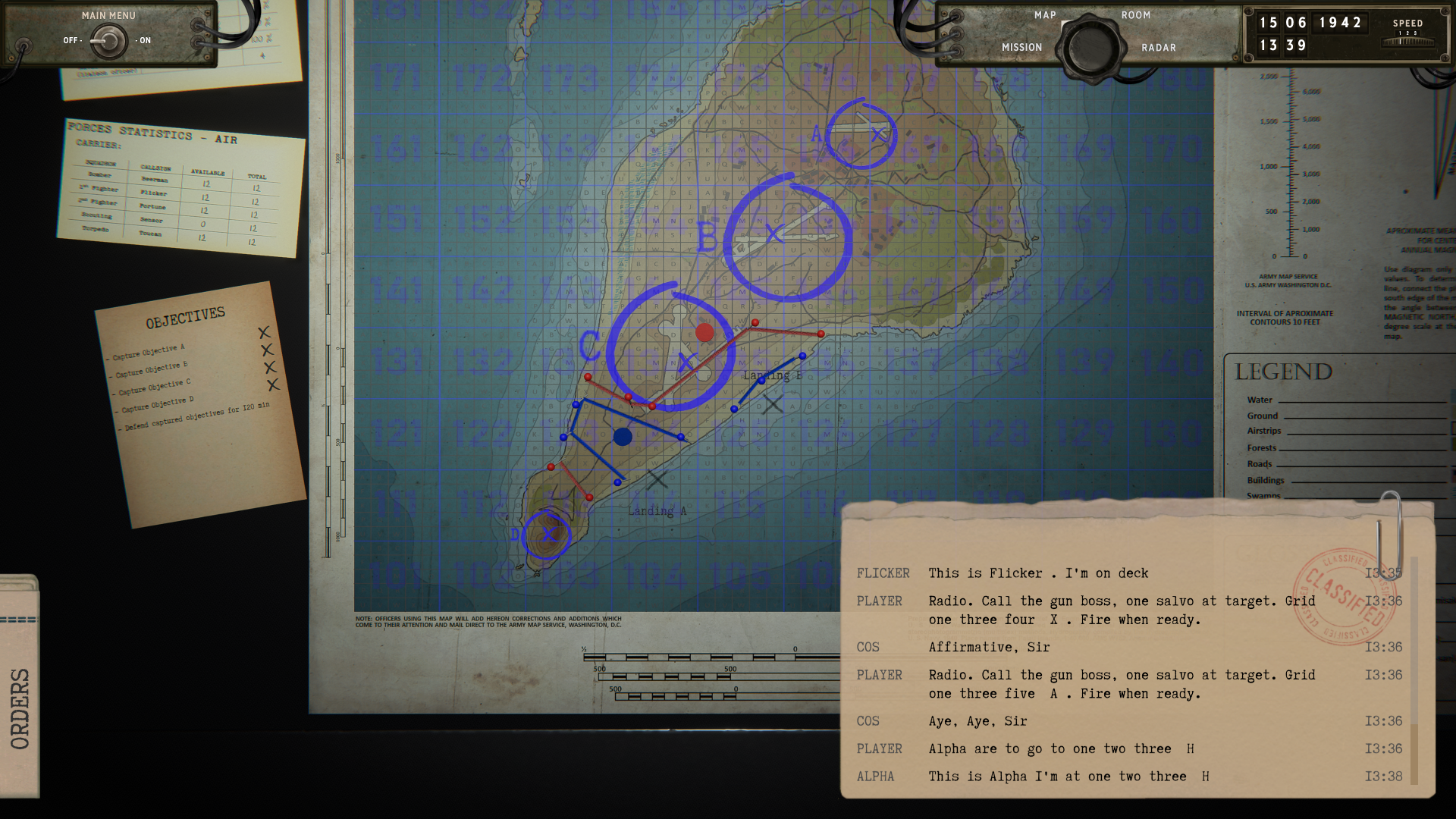 Radio Commander: Pacific Campaign Screenshot for the the Interview showing a map of Iwo Jima